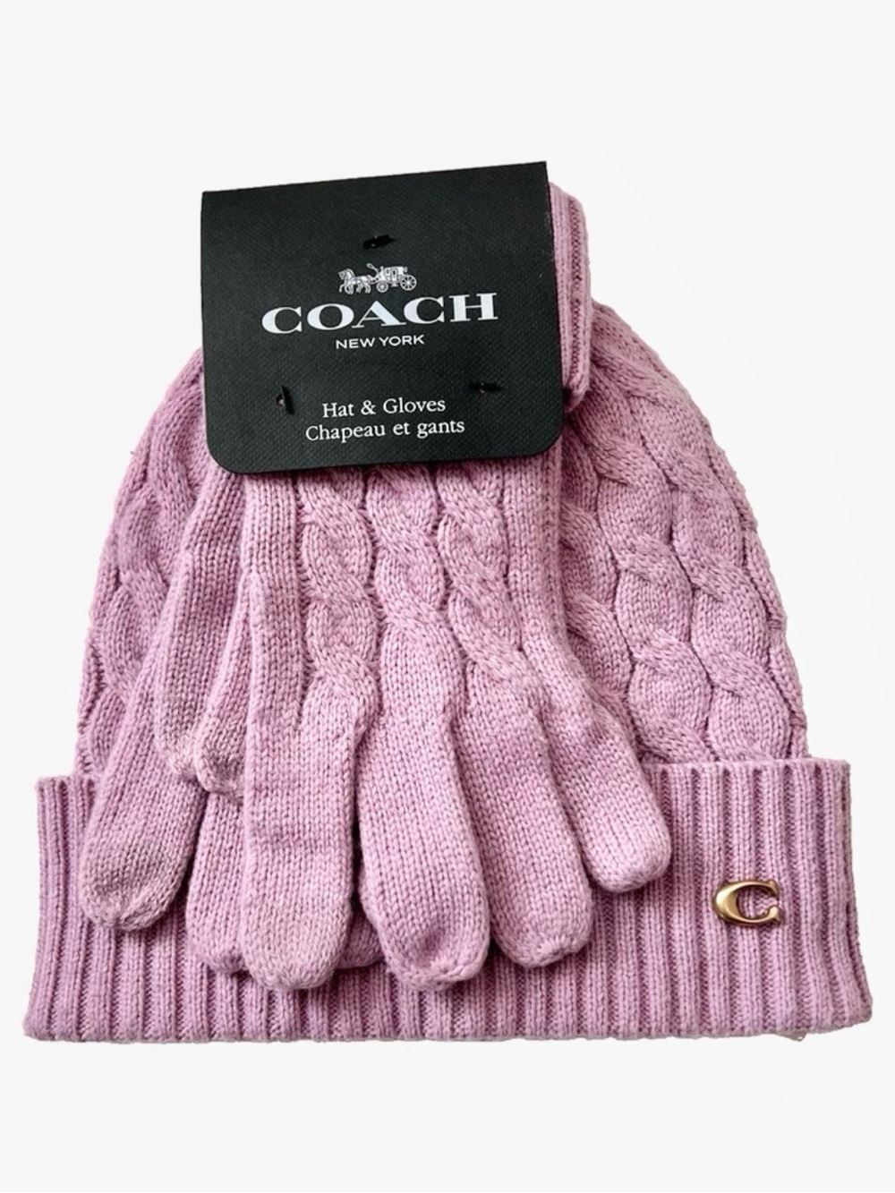 Coach Cable Beanie & Gloves Gift Set NWT